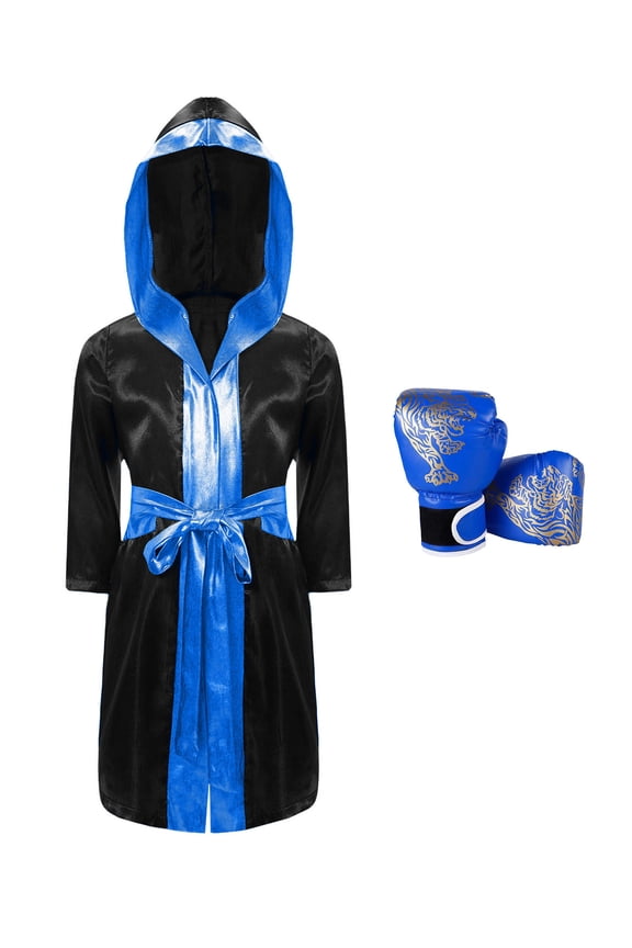 Kids Boys Boxing Uniform Satin Hooded Boxer Robes with Muay Thai MMA Training Gloves for Black&Blue 6