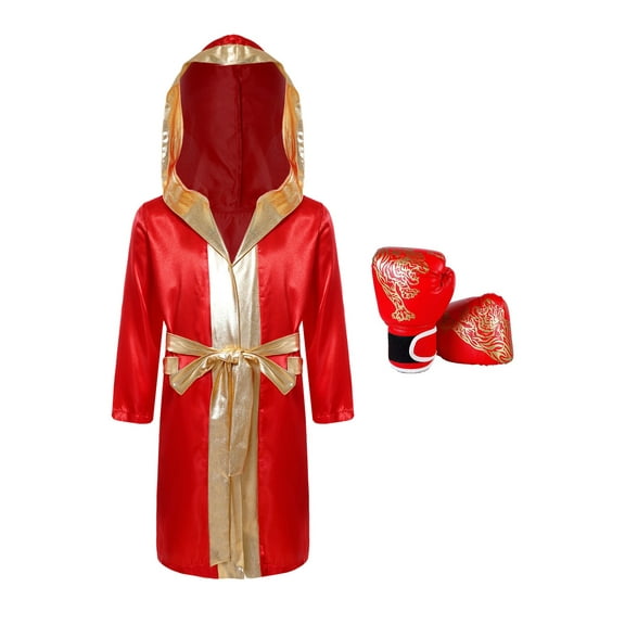 Hansber Kids Boys Boxing Uniform Satin Hooded Boxer Robes with Muay Thai MMA Training Gloves for Red 14