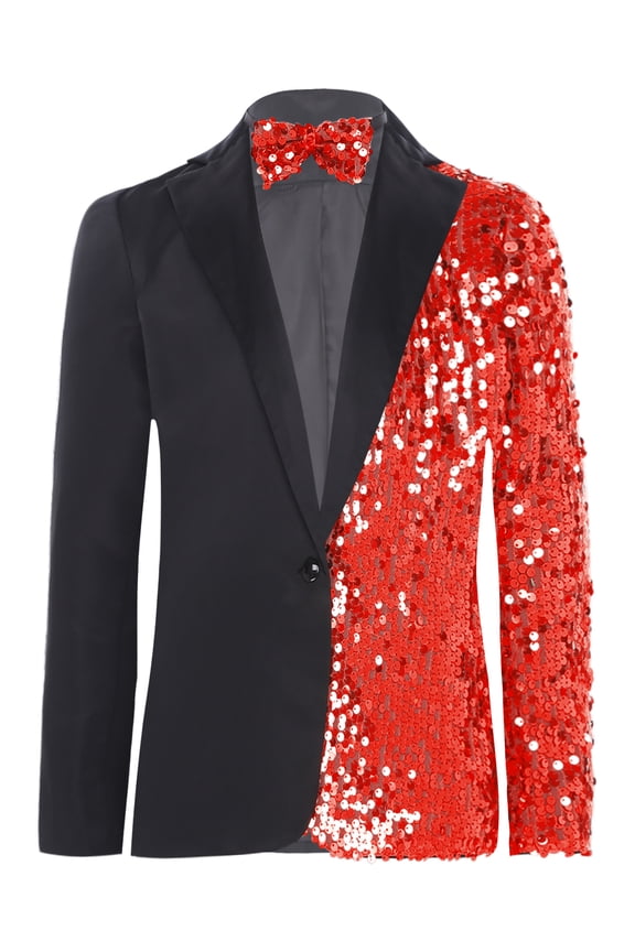 Kids Boys Contrast Color Sequin Tuxedo Blazer Long Sleeved Smoking Suit Jacket Sport Coat with Bow Tie Red 16
