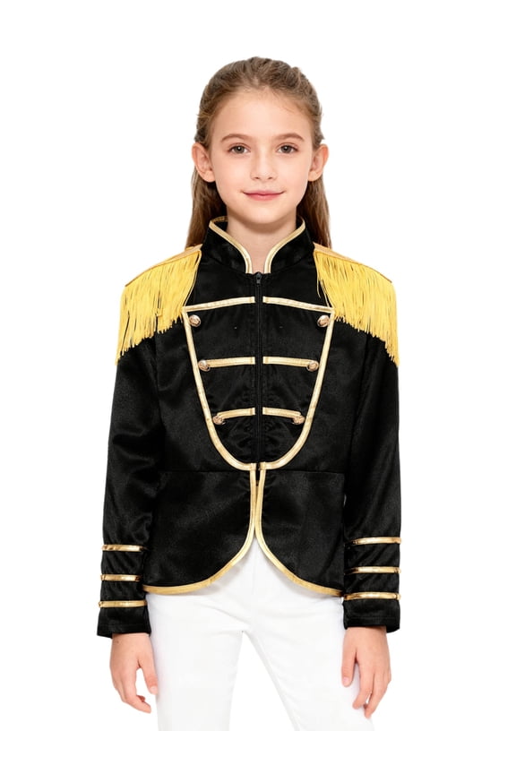 Kids Boys Girls Drum Majorette Jacket Long Sleeve Fringe Tassel Coat Honor Guard Uniform Stage Show Outfit Black 6