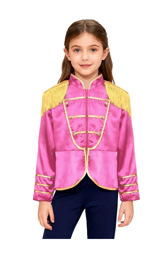 Kids Boys Girls Drum Majorette Jacket Long Sleeve Fringe Tassel Coat Honor Guard Uniform Stage Show Outfit Hot Pink 6