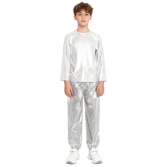 Hansber Kids Boys Girls Jazz Hip Hop Dance Outfit Shiny Metallic Long Sleeve Performance T-Shirt and Pants Set Silver 110