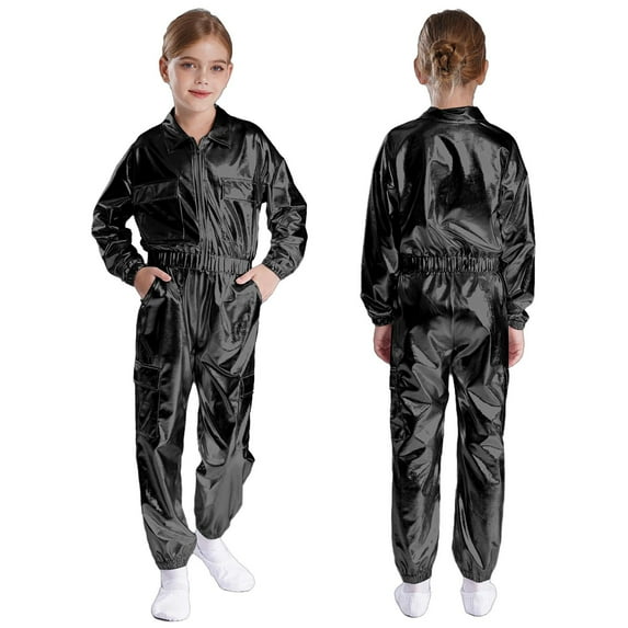 Hansber Kids Boys Girls Jazz Hip-Hop Street Dancing Clothing Set Jacket Tops with Pants Metallic Dancewear Black 14