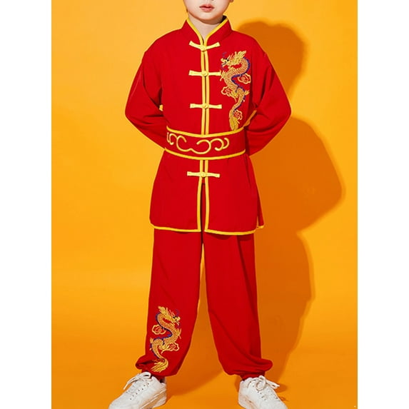 Hansber Kids Boys Girls Kung Fu Suit Unisex Children Dragon Embroidery Tai Chi Outfit Chinese Martial Red 160