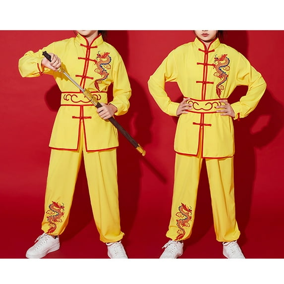 Hansber Kids Boys Girls Kung Fu Suit Unisex Children Dragon Embroidery Tai Chi Outfit Chinese Martial Yellow 130