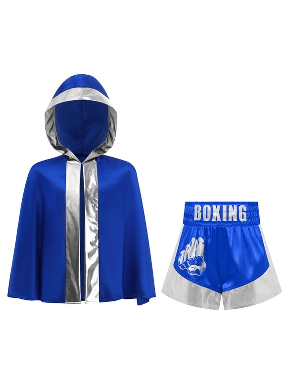Kids Boys Girls Metallic Trim Martial Arts Boxer Training Outfit Boxing Robe And Sides Slit Shorts Set Blue Silver 6