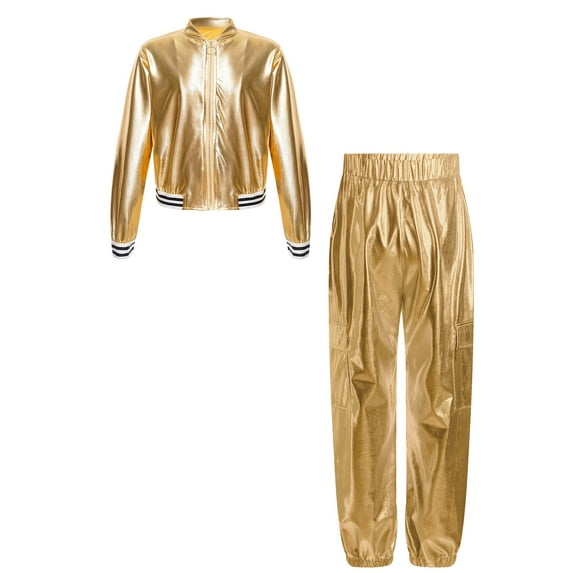 Hansber Kids Boys Girls Shiny Metallic Long Sleeve Bomber Jacket with Pants Hip Hop Jazz Dance Outfit Gold 10