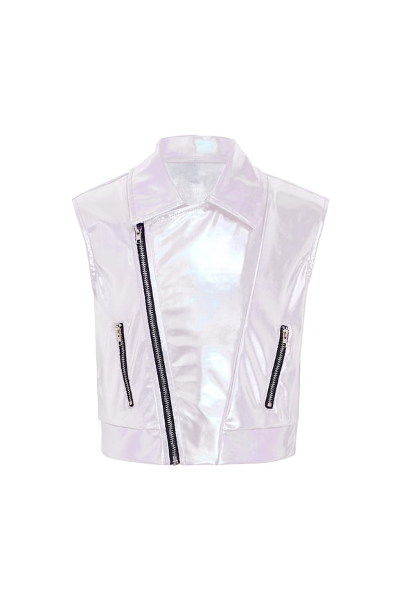Kids Boys Girls Sparkly Cropped Vest Stage Performance Jacket Disco Shirt Festival Rave Dance Party Top Ivory 12