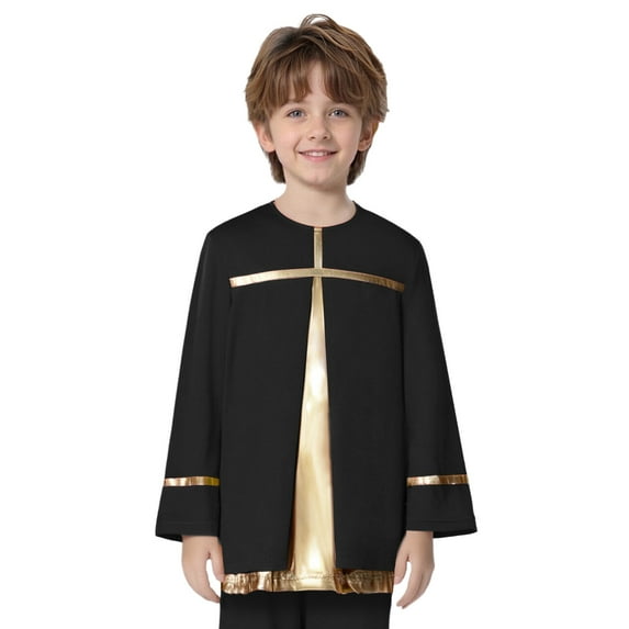 Hansber Kids Boys Liturgical Worship Praise Dance Top Metallic Color Block Long Sleeve Pullover Shirts Dancewear Black 8