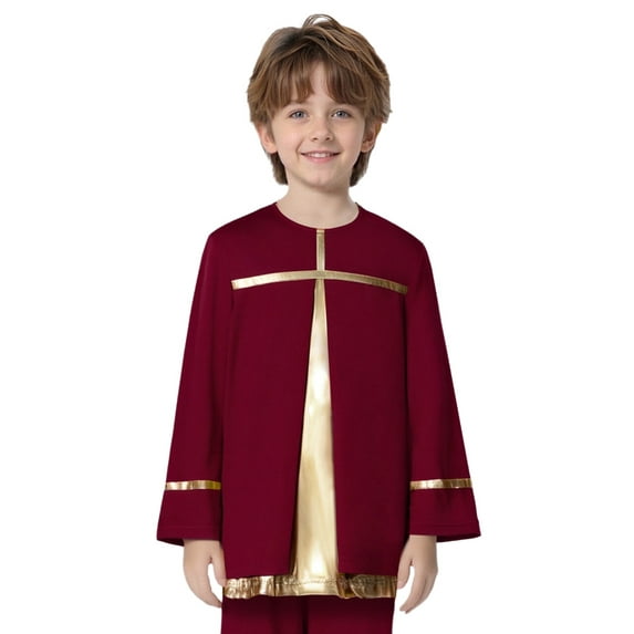 Hansber Kids Boys Liturgical Worship Praise Dance Top Metallic Color Block Long Sleeve Pullover Shirts Dancewear Burgundy 8