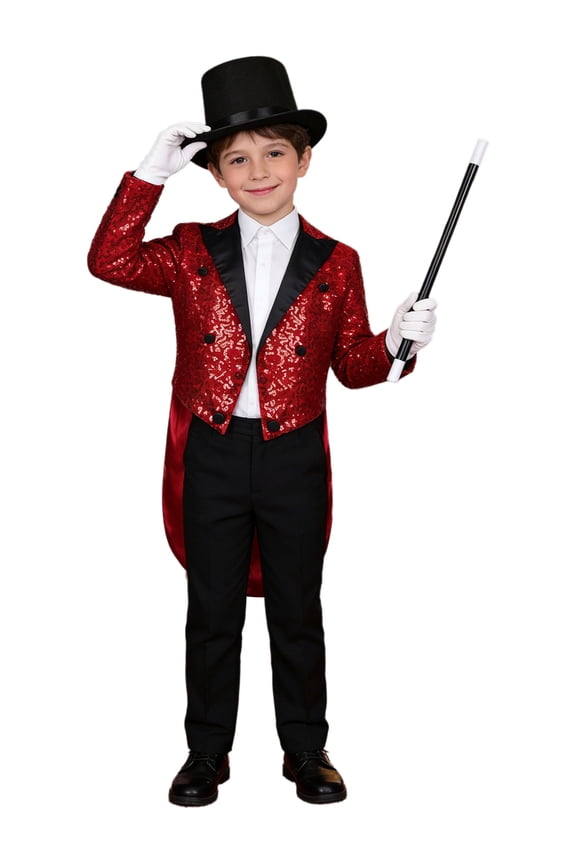 Kids Boys Magician Outfits Sparkly Sequin Tailcoat Blazer Jacket with Magic Wand and Hat Set for Stage Burgundy 6