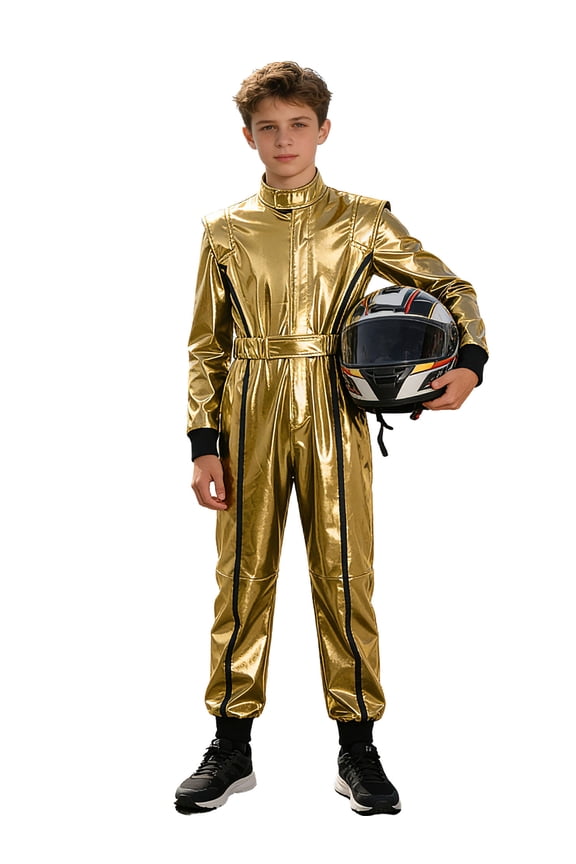 Kids Boys Metallic Racing Jumpsuit Full Length Long Sleeve Zipper Motorcycle Race Car Driver Suit Gold 8