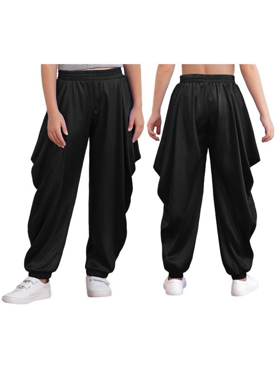 Kids Boys Satin Dhoti Pants Arabian Prince Draped Baggy Trousers Yoga Bottoms for Dance Party Black 12