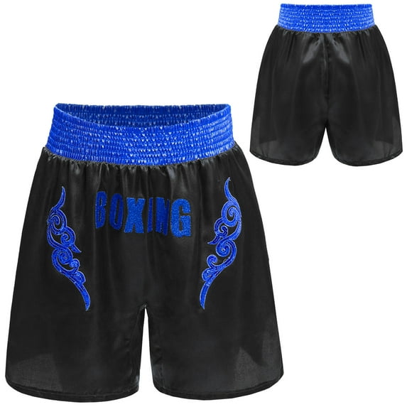 Hansber Kids Boys Sequin Applique Shiny Letter Printed Boxer Kickboxing Training Shorts Side Split Satin Hot Pants Black&Blue 12