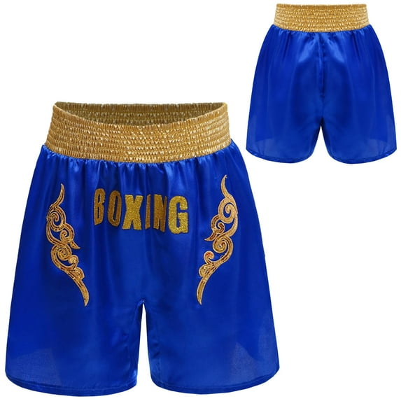 Hansber Kids Boys Sequin Applique Shiny Letter Printed Boxer Kickboxing Training Shorts Side Split Satin Hot Pants Blue 14