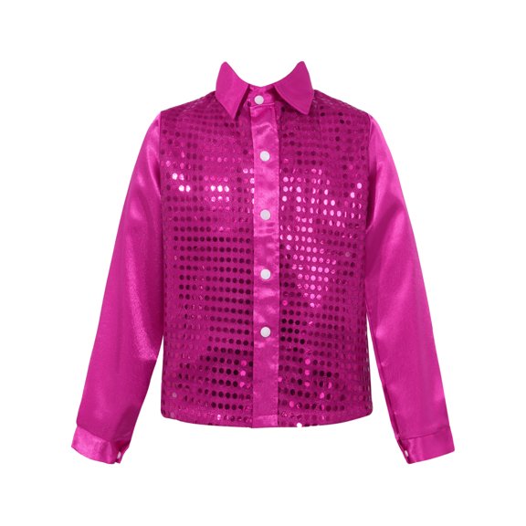 Hansber Kids Boys Shiny Sequins Modern Jazz Latin Hip-Hop Stage Performance Dancewear Dancing Outfit Hot Pink 130
