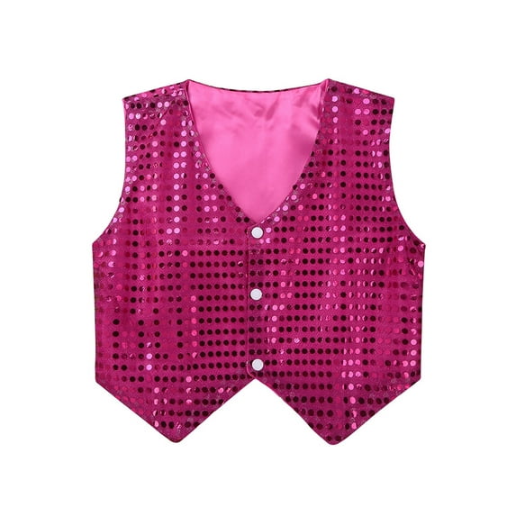 Hansber Kids Boys Shiny Sequins Party Costume Vests Hip-hop Jazz Dance Stage Performance Waistcoat Rose Red 8-9