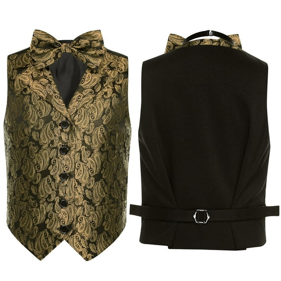 Hansber Kids Boys Vintage Jacquard Button Down Formal Suit Vest Tops V Neck Wedding Pageant Party Waistcoat Gold 6