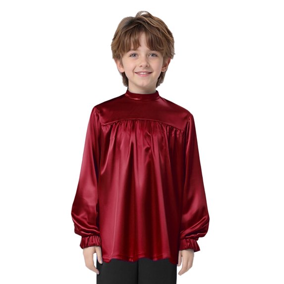 Hansber Kids Boys Worship Liturgical Praise Dance Tops Long Sleeve Church Party Shirts Performance Pullover Satin Blouse Burgundy 12
