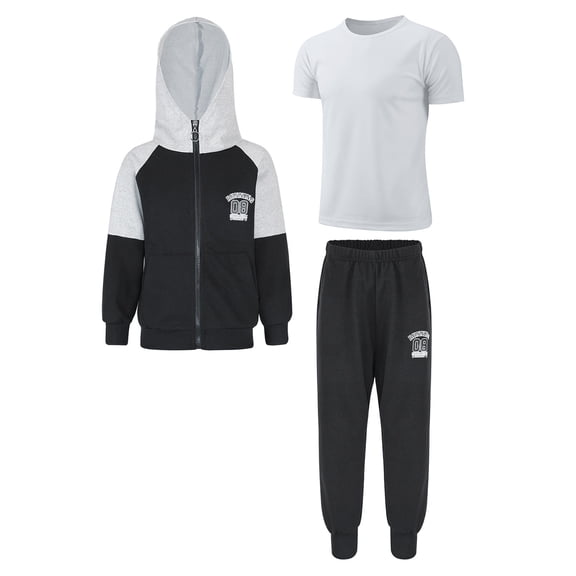 Hansber Kids Boys Zip-up Sweatshirt Outfits Long Sleeves Hooded Sweatshirt and Long Pants with White&Black 130
