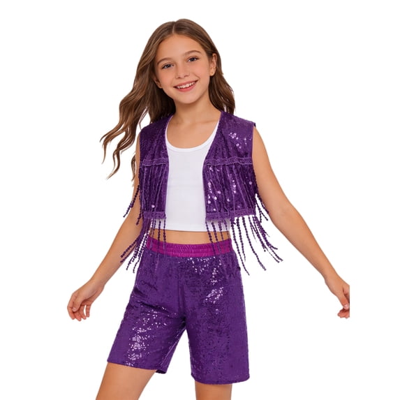 Hansber Kids Cowgirl Concert Outfits Hip Hop Jazz Dance Vest Sleeveless Open Front Tank Top with Sequin Shorts Purple 12