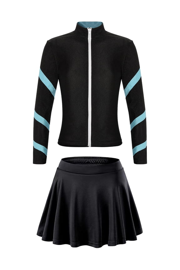 Kids Figure Ice Skating Outfit Girls Striped Zip Up Jacket Shiny Rhinestone Coat with Skater Light Blue L