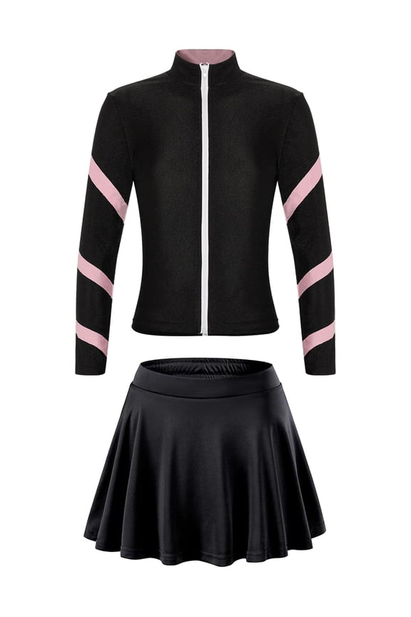 Kids Figure Ice Skating Outfit Girls Striped Zip Up Jacket Shiny Rhinestone Coat with Skater Pink XS