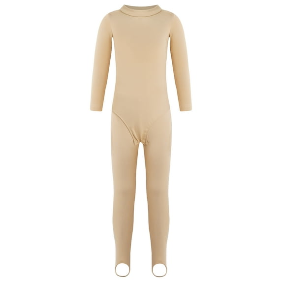 Hansber Kids Fleece Lined Jumpsuit for Girls Ballet Gymnastic Leotard Outfits Long Sleeve Bodysuit A Nude Mock Neck 110/S