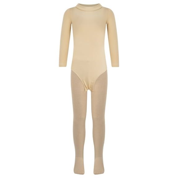 Hansber Kids Fleece Lined Jumpsuit for Girls Ballet Gymnastic Leotard Outfits Long Sleeve Bodysuit B Nude Mock Neck 140/L