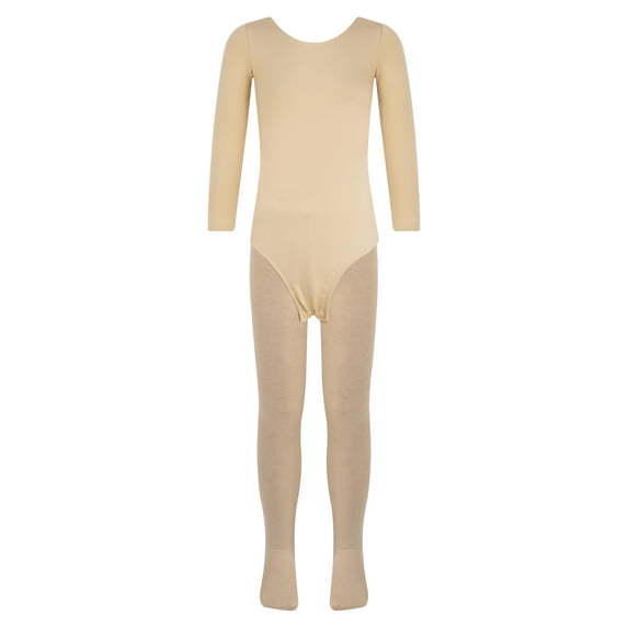 Hansber Kids Fleece Lined Jumpsuit for Girls Ballet Gymnastic Leotard Outfits Long Sleeve Bodysuit B Nude Round Neck 120/M