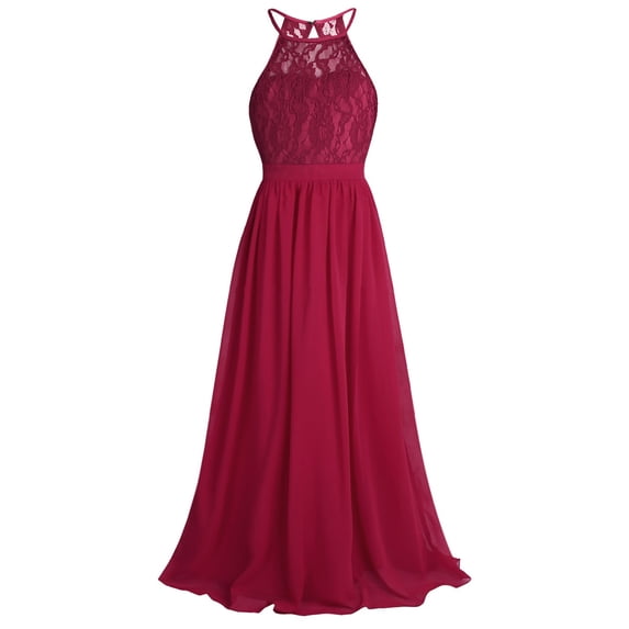 Hansber Kids Flower Girl Dress Halter Chiffon Long Party Junior Wedding Evening Prom Maxi Gown Dress Burgundy 16