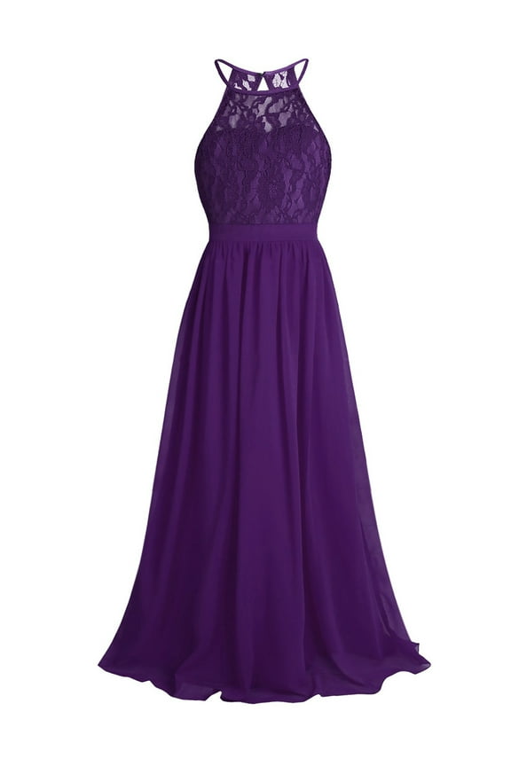 Kids Flower Girl Dress Halter Chiffon Long Party Junior Wedding Evening Prom Maxi Gown Dress Deep Purple 8