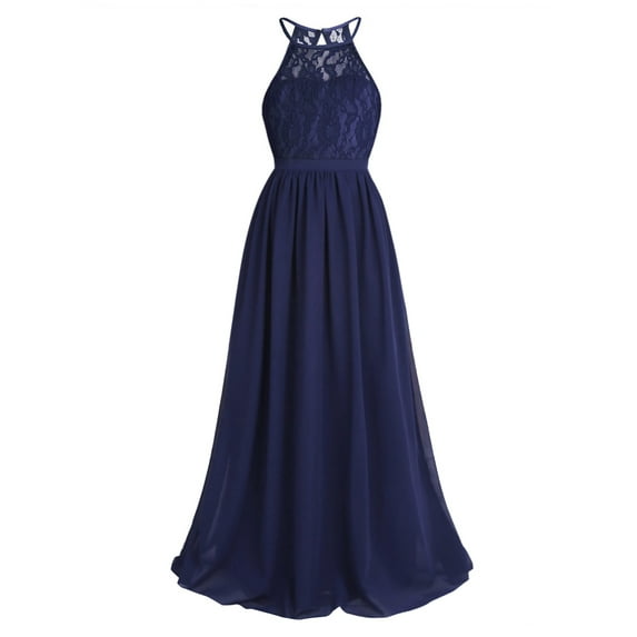 Hansber Kids Flower Girl Dress Halter Chiffon Long Party Junior Wedding Evening Prom Maxi Gown Dress Navy Blue 6