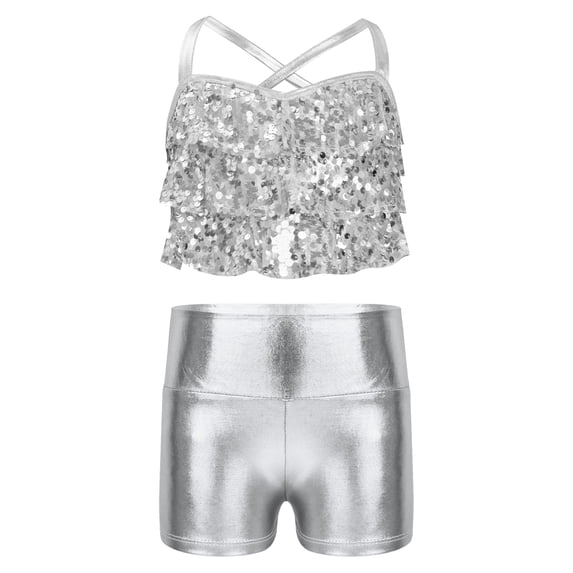 Hansber Kids Girls 2 Piece Cheerleading Outfit Sequin Crop Top with Shorts Set for Jazz Latin Ballroom Dance Performance Silver 14
