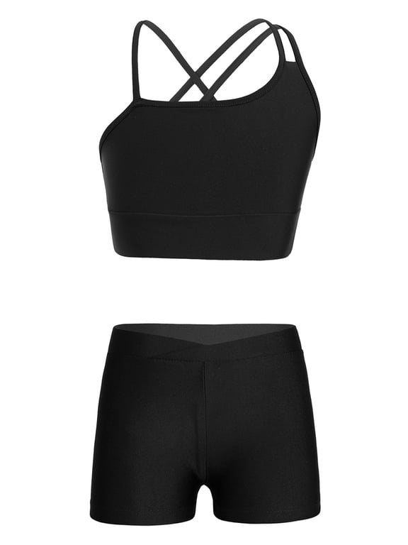 Kids Girls 2 Piece Dance Outfits Crop Top with Booty Shorts Active Set Gymnastics Leotard Black L
