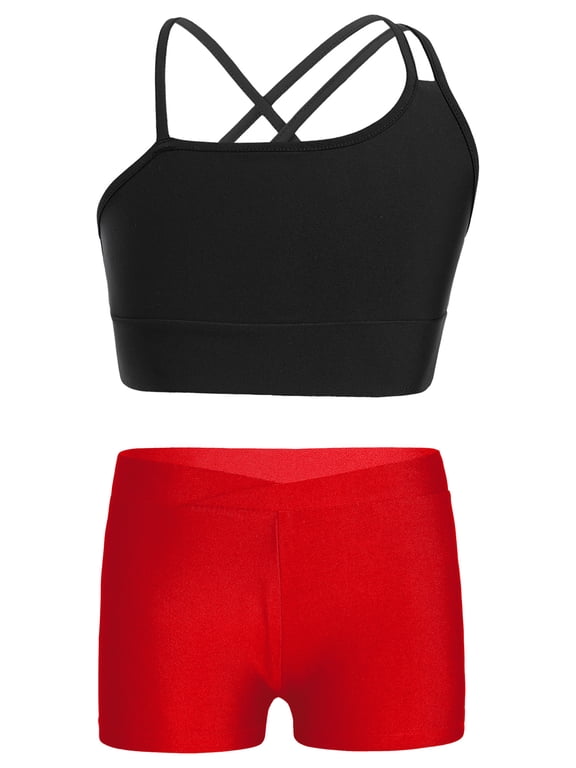 Kids Girls 2 Piece Dance Outfits Crop Top with Booty Shorts Active Set Gymnastics Leotard Black&Red M