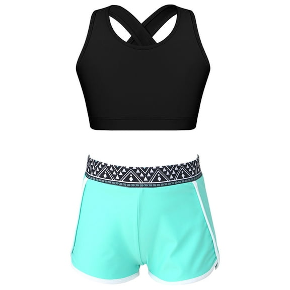 Hansber Kids Girls 2 Piece Dance Sport Outfit Crop Top with Shorts Set for Gymnastics Dancing or Geometric Black 8