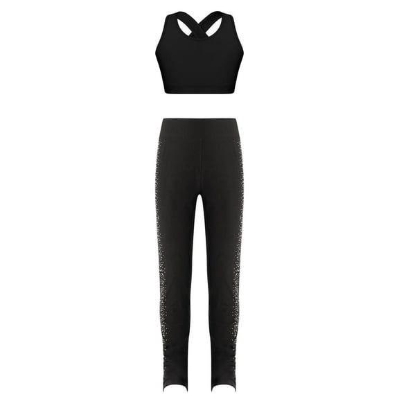 Hansber Kids Girls 2PCS Gymnastic Yoga Workout Outfit Sleeveless Criss Cross Crop Top with Legging A Black 6