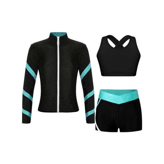 Hansber Kids Girls 3Pcs Yoga Workout Running Outfits Long Sleeve Zipper Jacket U Neck Tank Top and Black&Blue Green 12