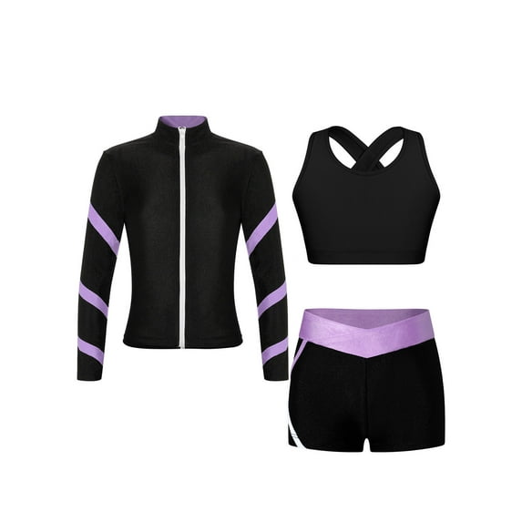 Hansber Kids Girls 3Pcs Yoga Workout Running Outfits Long Sleeve Zipper Jacket U Neck Tank Top and Black&Lavender 10