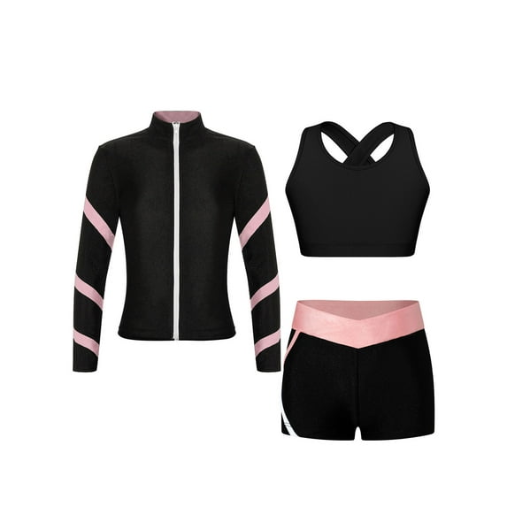 Hansber Kids Girls 3Pcs Yoga Workout Running Outfits Long Sleeve Zipper Jacket U Neck Tank Top and Black&Pink 6