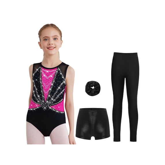 Hansber Kids Girls 4-Piece Gymnastics Leotard Sparkling Figure Ice Skating Outfit with Shorts Leggings Hairband Hot Pink 14