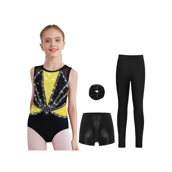 Hansber Kids Girls 4-Piece Gymnastics Leotard Sparkling Figure Ice Skating Outfit with Shorts Leggings Hairband Yellow 12