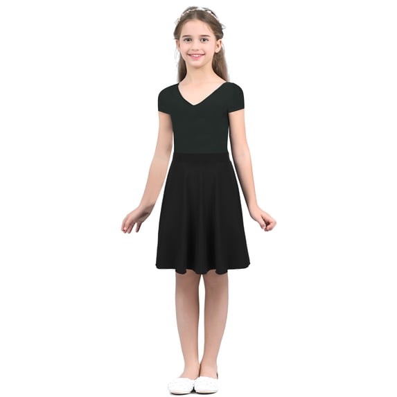 Hansber Kids Girls A Line Dance Skirt School Uniform High-Waisted Full Circle Dress Pleated Mini Black 10