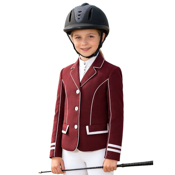 Hansber Kids Girls Athletic Equestrian Jacket Long Sleeve Lapel Collar Button Horse Riding Shirt Burgundy 4