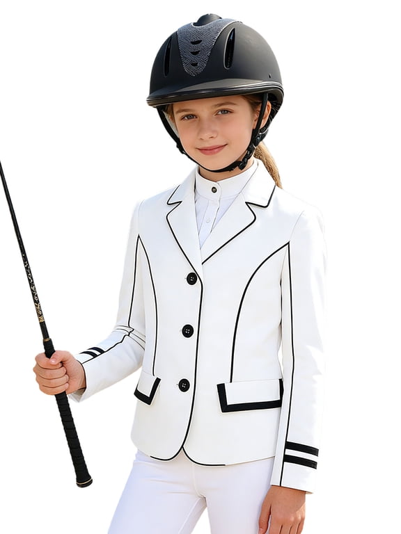 Kids Girls Athletic Equestrian Jacket Long Sleeve Lapel Collar Button Horse Riding Shirt White 4