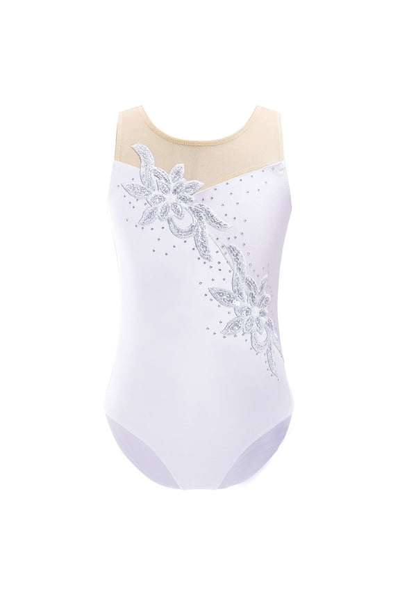 Kids Girls Ballet Dance Leotard Sequin Floral Print Sleeveless Gymnastic Unitard Bodysuit White 10