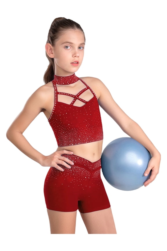 Kids Girls Ballet Jazz Dance Outfit Sparkle Rhinestones Yoga Workout Crop Top with Shorts Set Burgundy 6