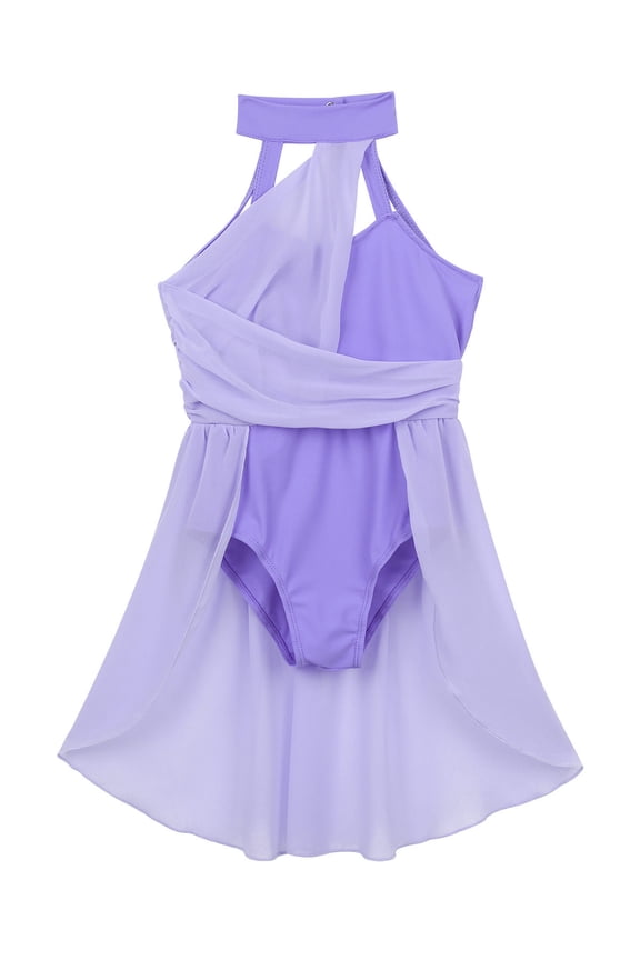 Kids Girls Ballet Leotard Dancewear Dress Ruched Chiffon Contemporary Lyrical Dance Costume Lavender 12