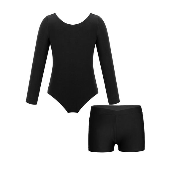 Hansber Kids Girls Ballet Leotard Long Sleeve Dance Bodysuit with Yoga Shorts Athletic Booty Shorts Black 3